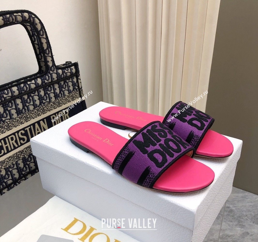 Dior Dway Flat Slides Sandal in Embroidered Cotton and Miss Dior Motif Pink/Purple 2024 No.191 (MD-240814018)