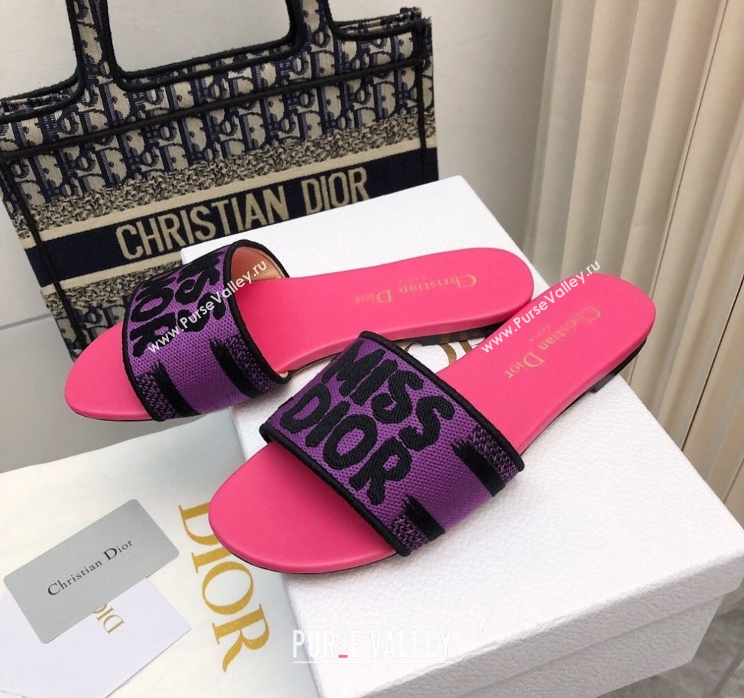 Dior Dway Flat Slides Sandal in Embroidered Cotton and Miss Dior Motif Pink/Purple 2024 No.191 (MD-240814018)