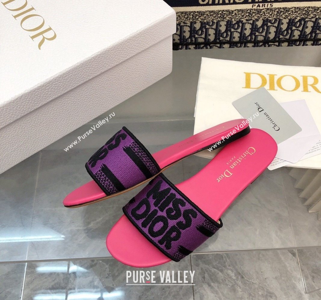 Dior Dway Flat Slides Sandal in Embroidered Cotton and Miss Dior Motif Pink/Purple 2024 No.191 (MD-240814018)