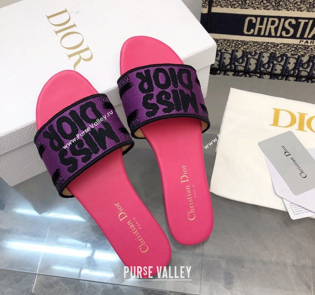 Dior Dway Flat Slides Sandal in Embroidered Cotton and Miss Dior Motif Pink/Purple 2024 No.191 (MD-240814018)