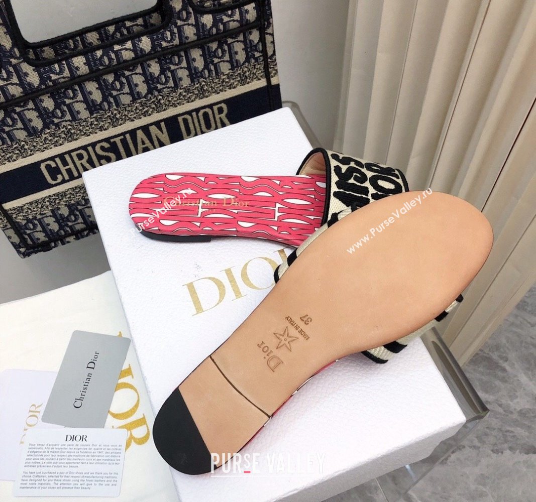 Dior Dway Flat Slides Sandal in Embroidered Cotton and Miss Dior Allover Motif Pink/Beige 2024 No.190 (MD-240814009)