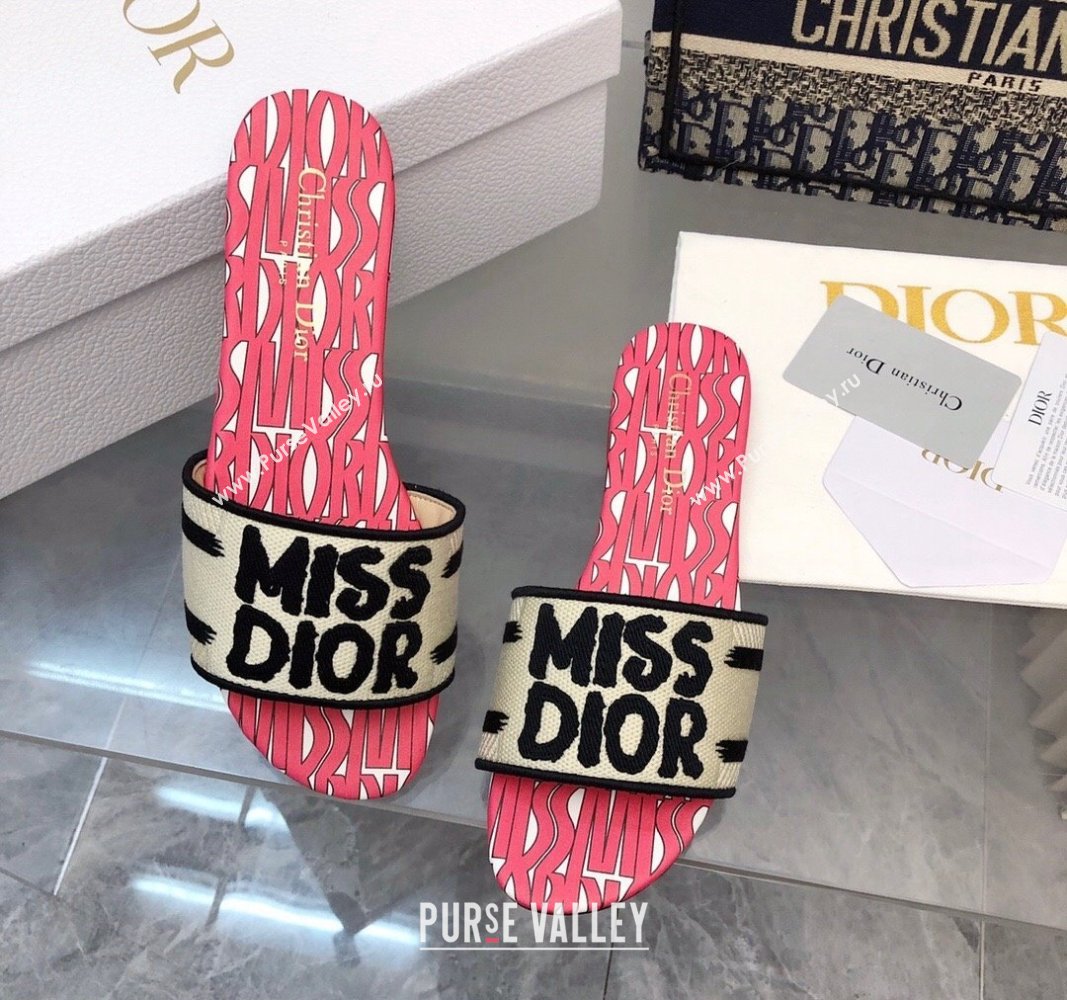 Dior Dway Flat Slides Sandal in Embroidered Cotton and Miss Dior Allover Motif Pink/Beige 2024 No.190 (MD-240814009)