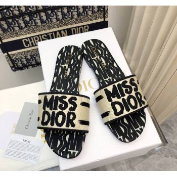 Dior Dway Flat Slides Sandal in Embroidered Cotton and Miss Dior Allover Motif Black/Beige 2024 No.189 (MD-240814010)