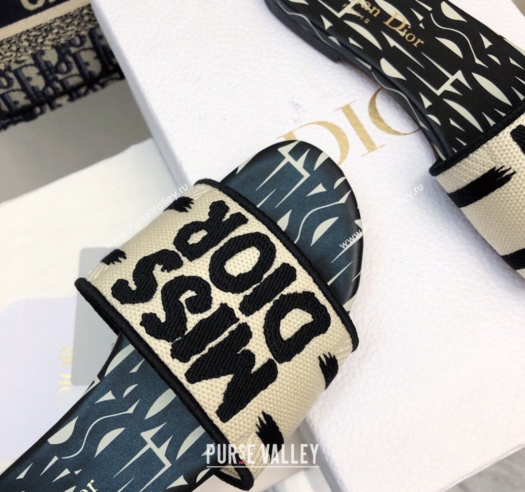 Dior Dway Flat Slides Sandal in Embroidered Cotton and Miss Dior Allover Motif Black/Beige 2024 No.189 (MD-240814010)