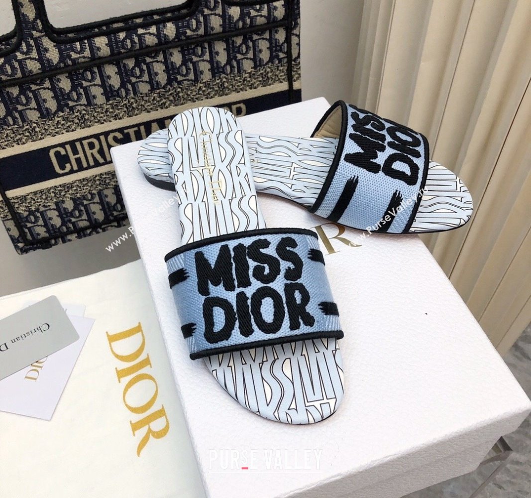 Dior Dway Flat Slides Sandal in Embroidered Cotton and Miss Dior Allover Motif Light Blue 2024 No.188 (MD-240814011)