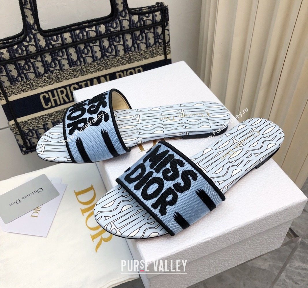 Dior Dway Flat Slides Sandal in Embroidered Cotton and Miss Dior Allover Motif Light Blue 2024 No.188 (MD-240814011)