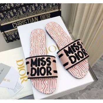 Dior Dway Flat Slides Sandal in Embroidered Cotton and Miss Dior Allover Motif Light Pink 2024 No.186 (MD-240814013)