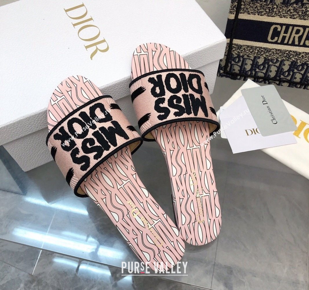 Dior Dway Flat Slides Sandal in Embroidered Cotton and Miss Dior Allover Motif Light Pink 2024 No.186 (MD-240814013)