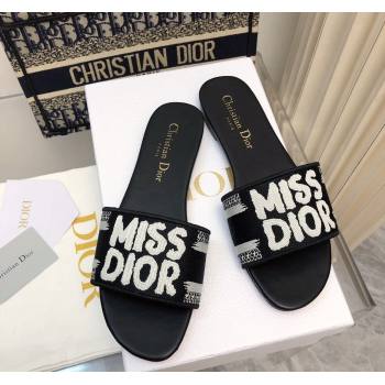 Dior Dway Flat Slides Sandal in Embroidered Cotton and Miss Dior Motif Black 2024 No.185 (MD-240814019)