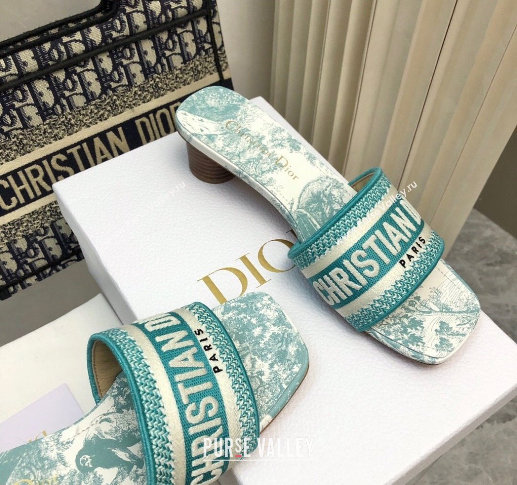 Dior Dway Heel Slides Sandal 3.5 in Embroidered Cotton and Toile de Jouy Sauvage Motif Light Green 2024 No.180 (MD-240814020)