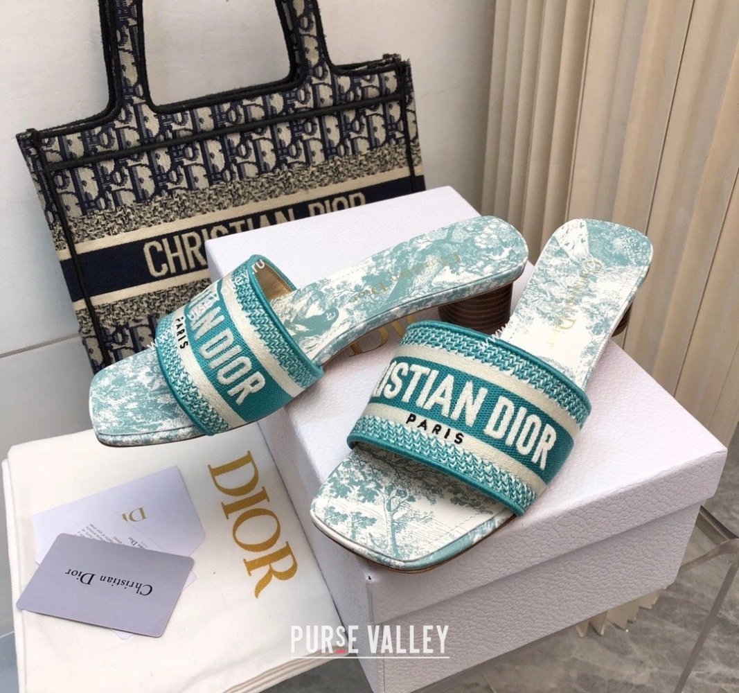 Dior Dway Heel Slides Sandal 3.5 in Embroidered Cotton and Toile de Jouy Sauvage Motif Light Green 2024 No.180 (MD-240814020)