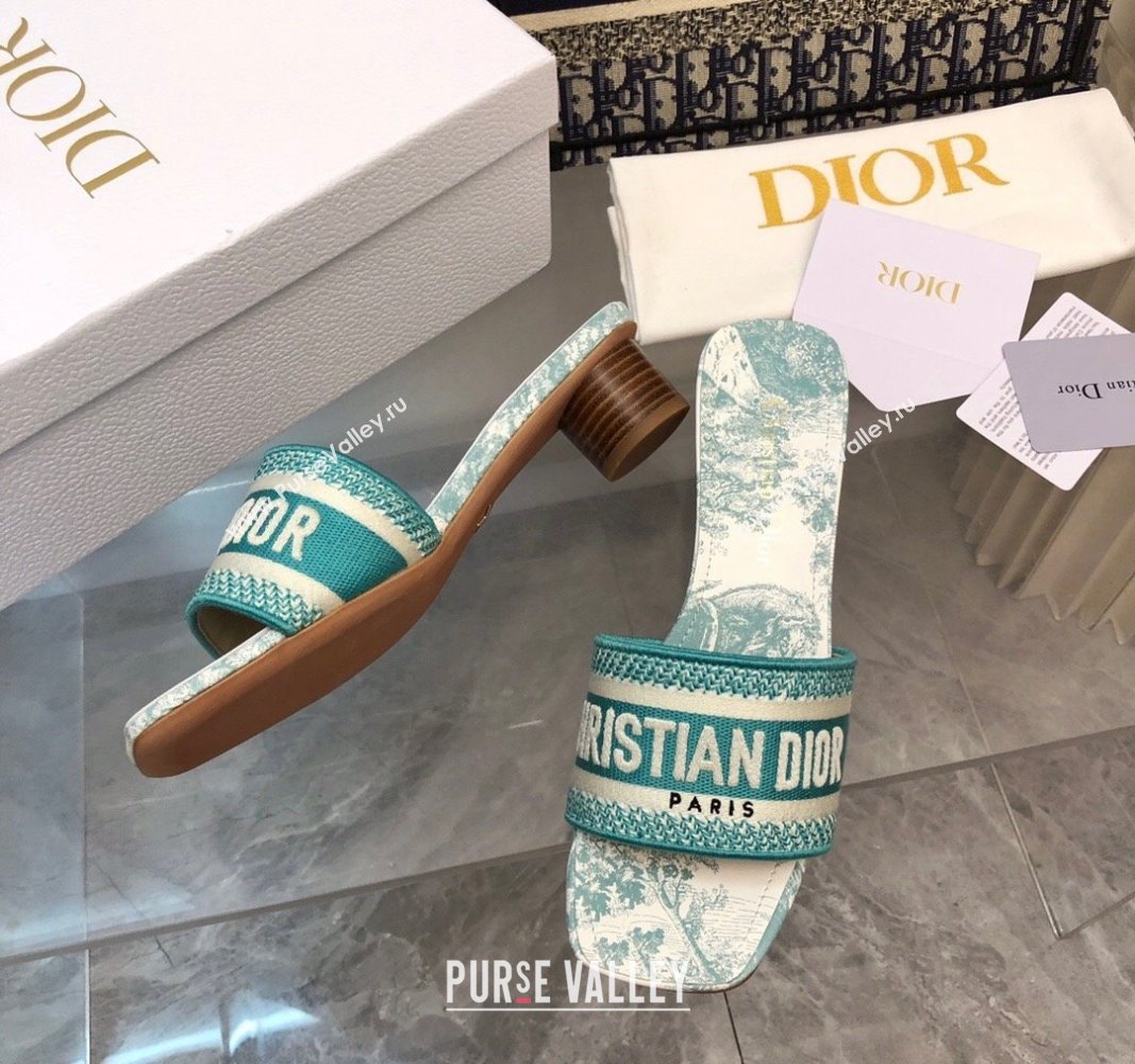 Dior Dway Heel Slides Sandal 3.5 in Embroidered Cotton and Toile de Jouy Sauvage Motif Light Green 2024 No.180 (MD-240814020)