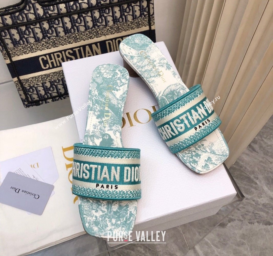 Dior Dway Heel Slides Sandal 3.5 in Embroidered Cotton and Toile de Jouy Sauvage Motif Light Green 2024 No.180 (MD-240814020)