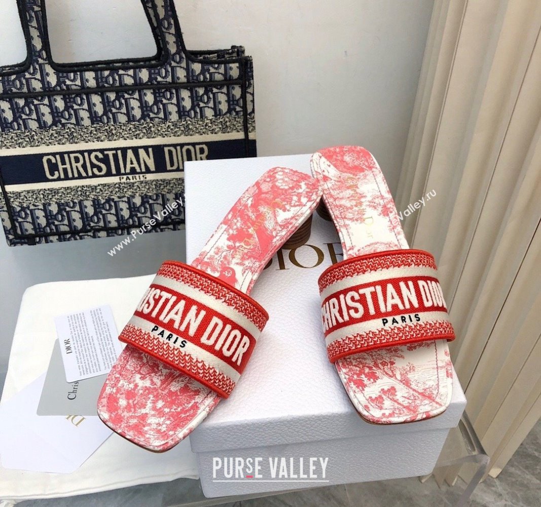 Dior Dway Heel Slides Sandal 3.5cm in Embroidered Cotton and Toile de Jouy Sauvage Motif Red 2024 No.182 (MD-240814022)