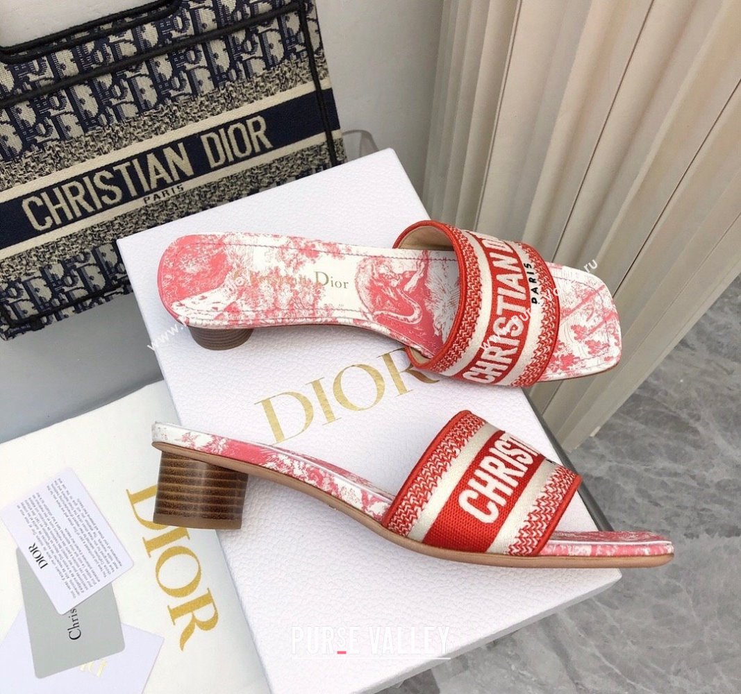 Dior Dway Heel Slides Sandal 3.5cm in Embroidered Cotton and Toile de Jouy Sauvage Motif Red 2024 No.182 (MD-240814022)