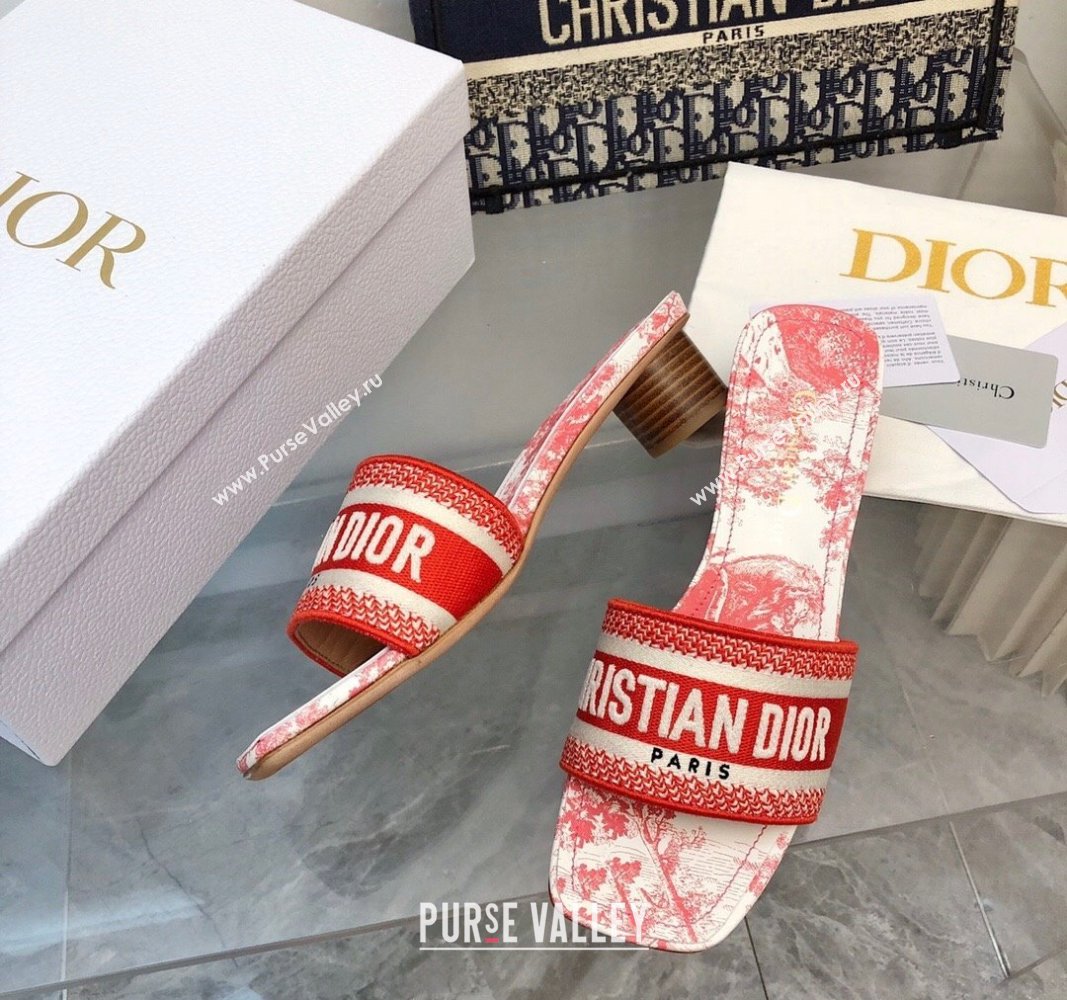 Dior Dway Heel Slides Sandal 3.5cm in Embroidered Cotton and Toile de Jouy Sauvage Motif Red 2024 No.182 (MD-240814022)