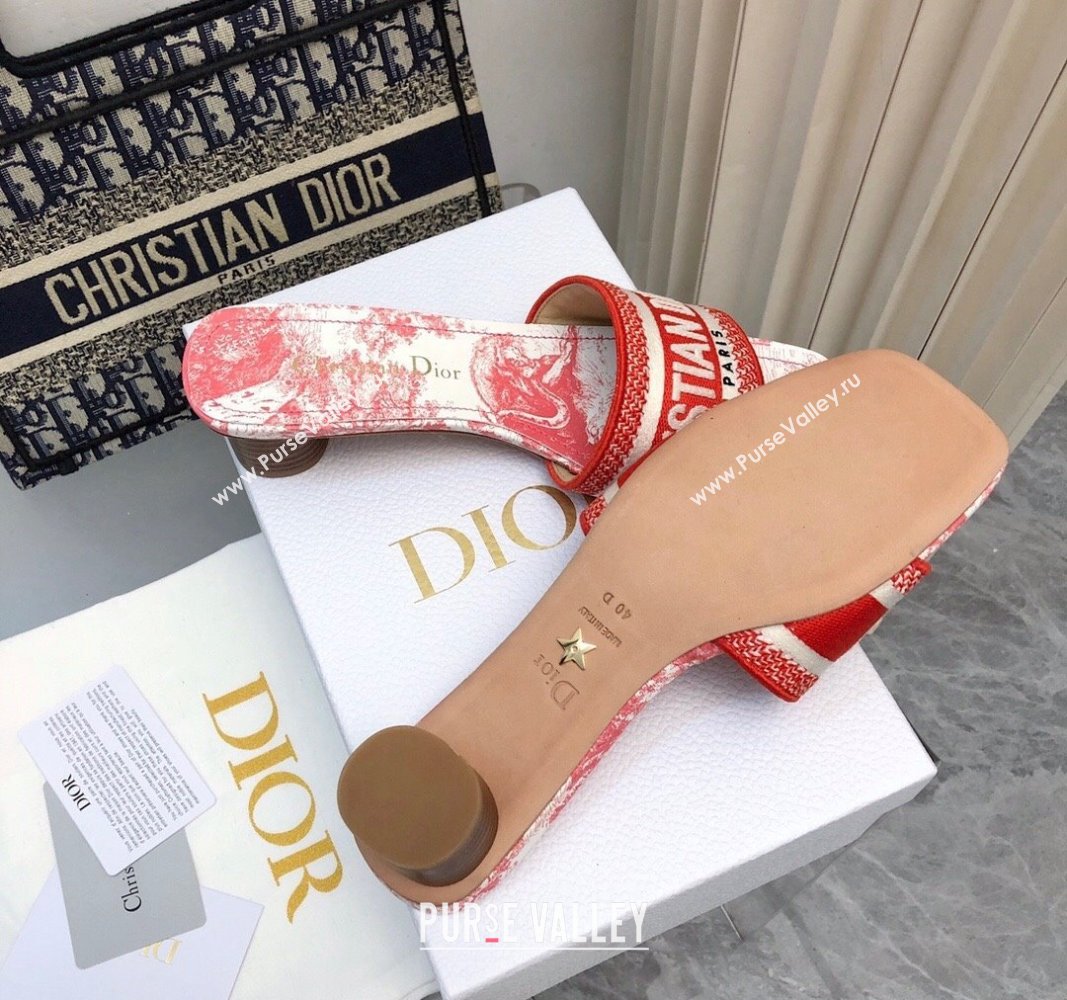 Dior Dway Heel Slides Sandal 3.5cm in Embroidered Cotton and Toile de Jouy Sauvage Motif Red 2024 No.182 (MD-240814022)