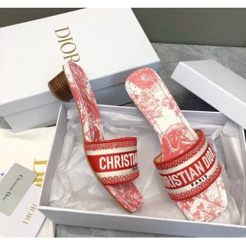 Dior Dway Heel Slides Sandal 3.5cm in Embroidered Cotton and Toile de Jouy Sauvage Motif Red 2024 No.182 (MD-240814022)