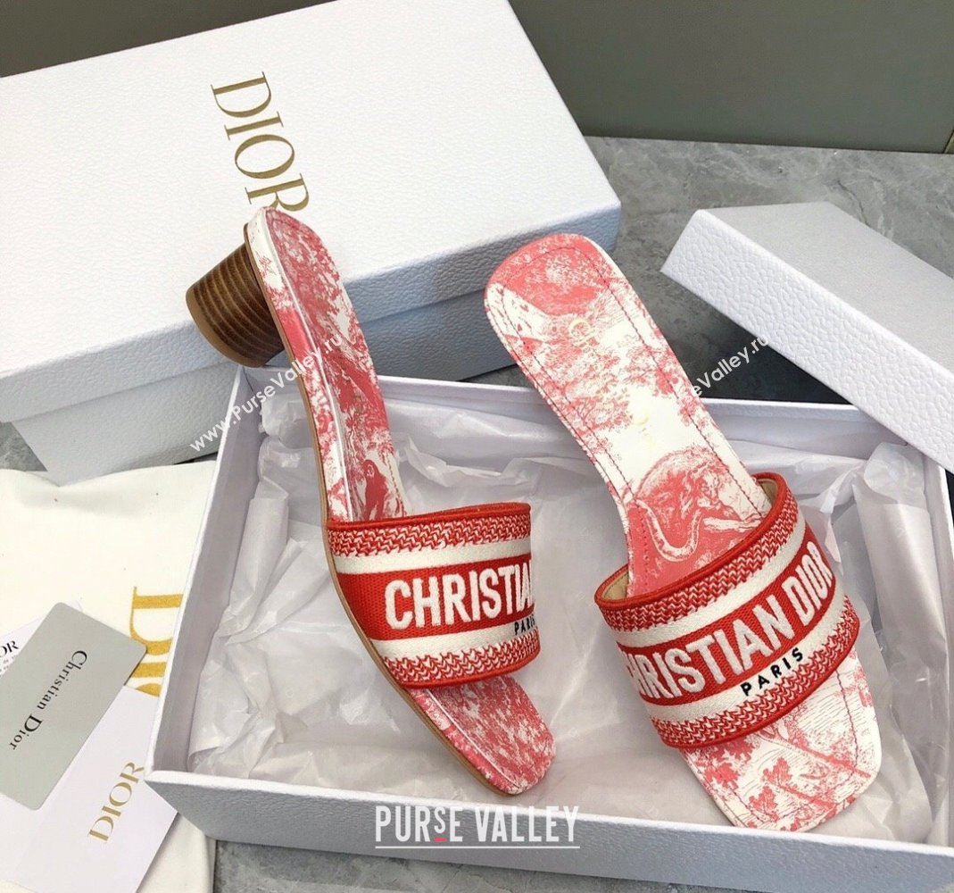 Dior Dway Heel Slides Sandal 3.5cm in Embroidered Cotton and Toile de Jouy Sauvage Motif Red 2024 No.182 (MD-240814022)