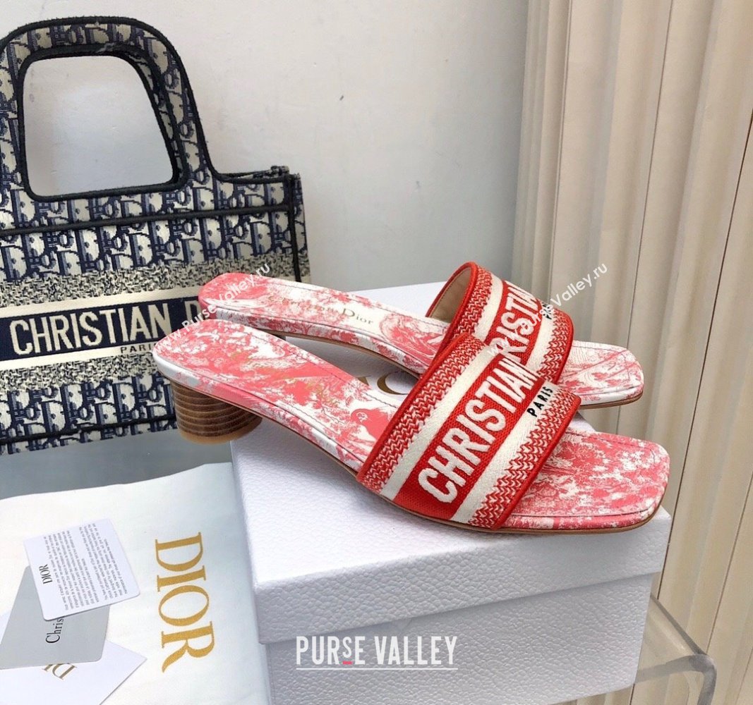 Dior Dway Heel Slides Sandal 3.5cm in Embroidered Cotton and Toile de Jouy Sauvage Motif Red 2024 No.182 (MD-240814022)