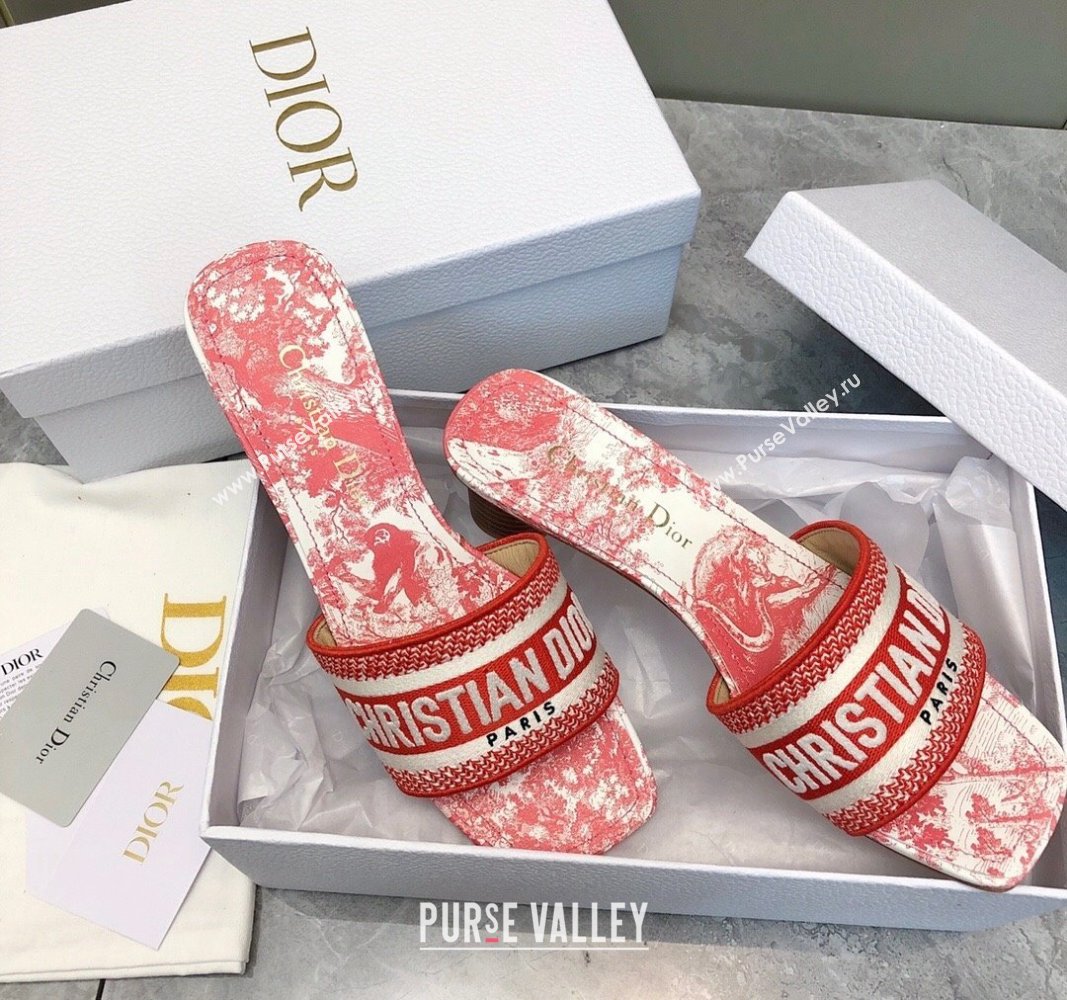 Dior Dway Heel Slides Sandal 3.5cm in Embroidered Cotton and Toile de Jouy Sauvage Motif Red 2024 No.182 (MD-240814022)