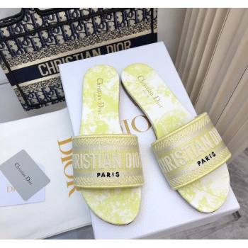 Dior Dway Flat Slides Sandal in Embroidered Cotton and Toile de Jouy Sauvage Motif Lemon Yellow 2024 No.183 (MD-240814024)