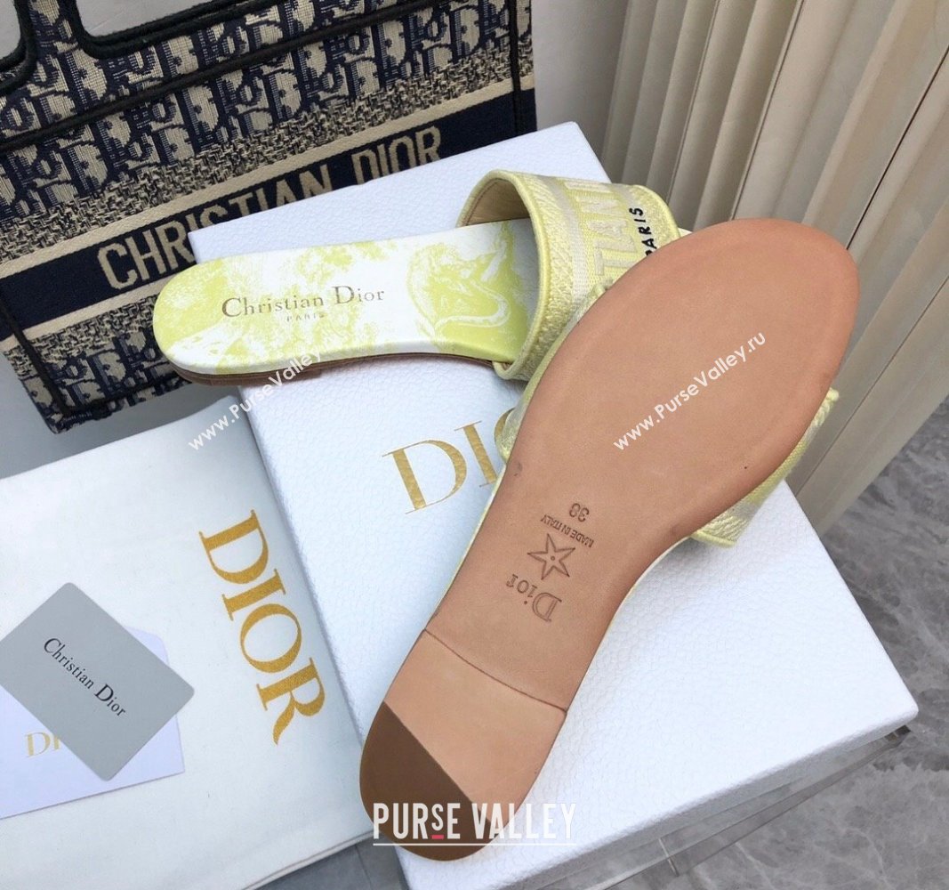 Dior Dway Flat Slides Sandal in Embroidered Cotton and Toile de Jouy Sauvage Motif Lemon Yellow 2024 No.183 (MD-240814024)