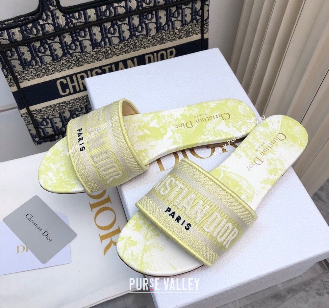 Dior Dway Flat Slides Sandal in Embroidered Cotton and Toile de Jouy Sauvage Motif Lemon Yellow 2024 No.183 (MD-240814024)