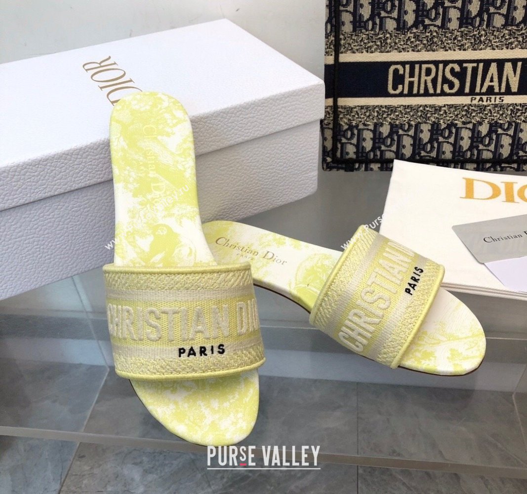 Dior Dway Flat Slides Sandal in Embroidered Cotton and Toile de Jouy Sauvage Motif Lemon Yellow 2024 No.183 (MD-240814024)