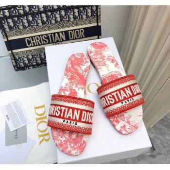 Dior Dway Flat Slides Sandal in Embroidered Cotton and Toile de Jouy Sauvage Motif Red 2024 No.182 (MD-240814023)