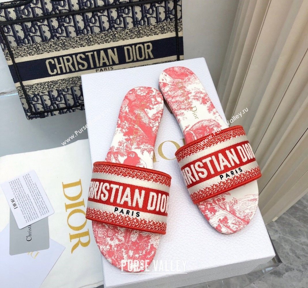 Dior Dway Flat Slides Sandal in Embroidered Cotton and Toile de Jouy Sauvage Motif Red 2024 No.182 (MD-240814023)