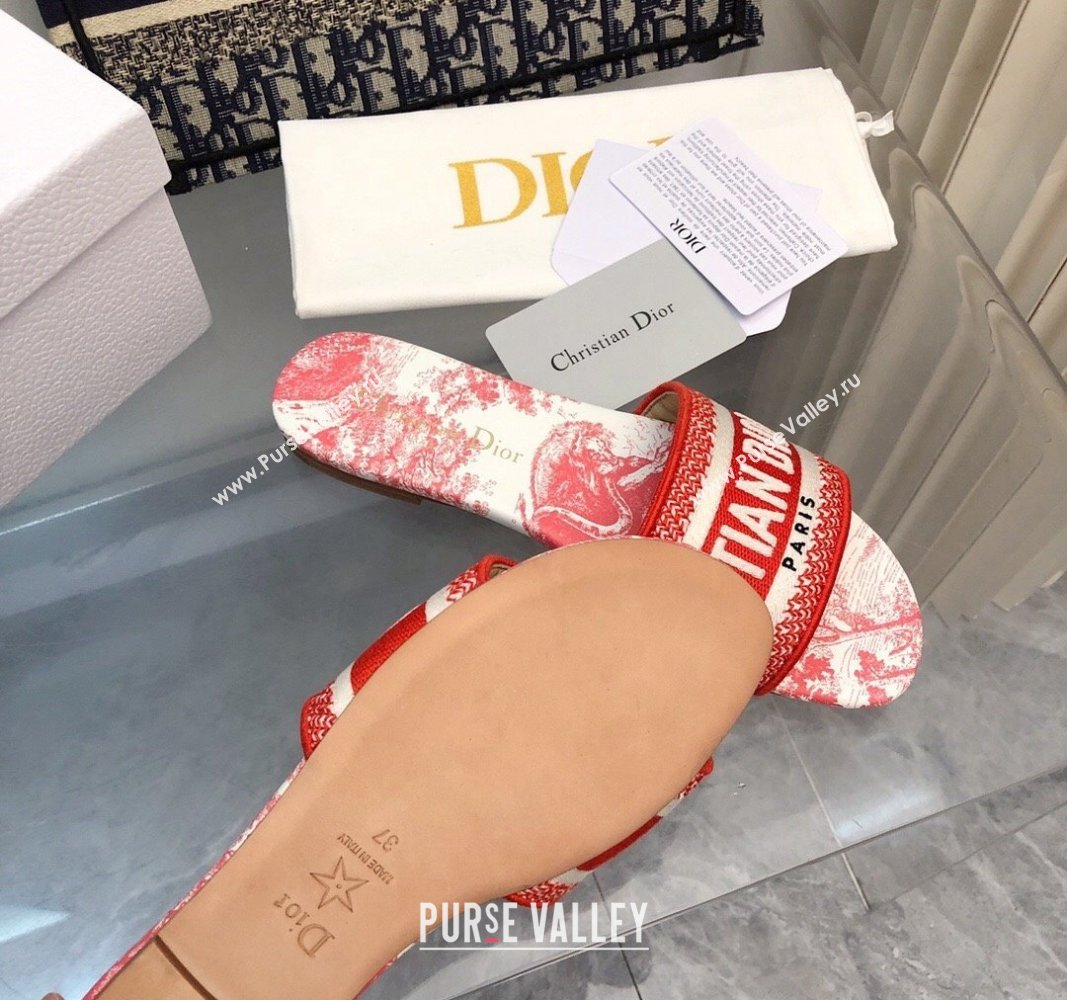 Dior Dway Flat Slides Sandal in Embroidered Cotton and Toile de Jouy Sauvage Motif Red 2024 No.182 (MD-240814023)