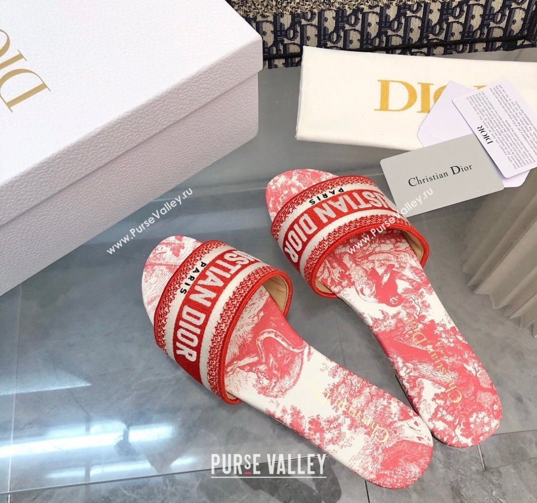 Dior Dway Flat Slides Sandal in Embroidered Cotton and Toile de Jouy Sauvage Motif Red 2024 No.182 (MD-240814023)