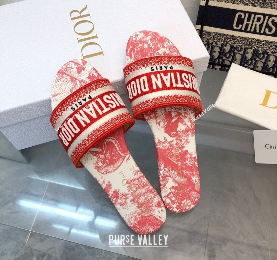 Dior Dway Flat Slides Sandal in Embroidered Cotton and Toile de Jouy Sauvage Motif Red 2024 No.182 (MD-240814023)