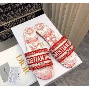 Dior Dway Flat Slide Sandals in Embroidered Cotton and Red Toile de Jouy Soleil Motif 2024 NO.81 (MD-240814027)