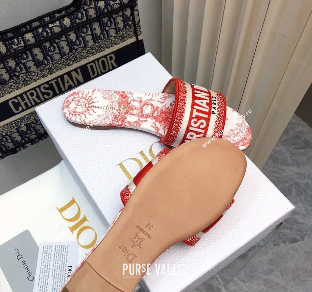 Dior Dway Flat Slide Sandals in Embroidered Cotton and Red Toile de Jouy Soleil Motif 2024 NO.81 (MD-240814027)