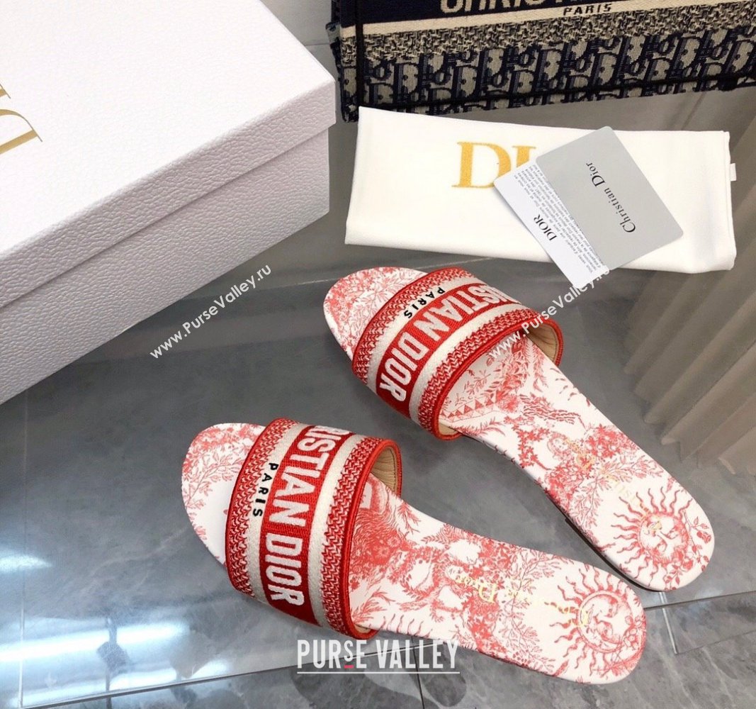 Dior Dway Flat Slide Sandals in Embroidered Cotton and Red Toile de Jouy Soleil Motif 2024 NO.81 (MD-240814027)