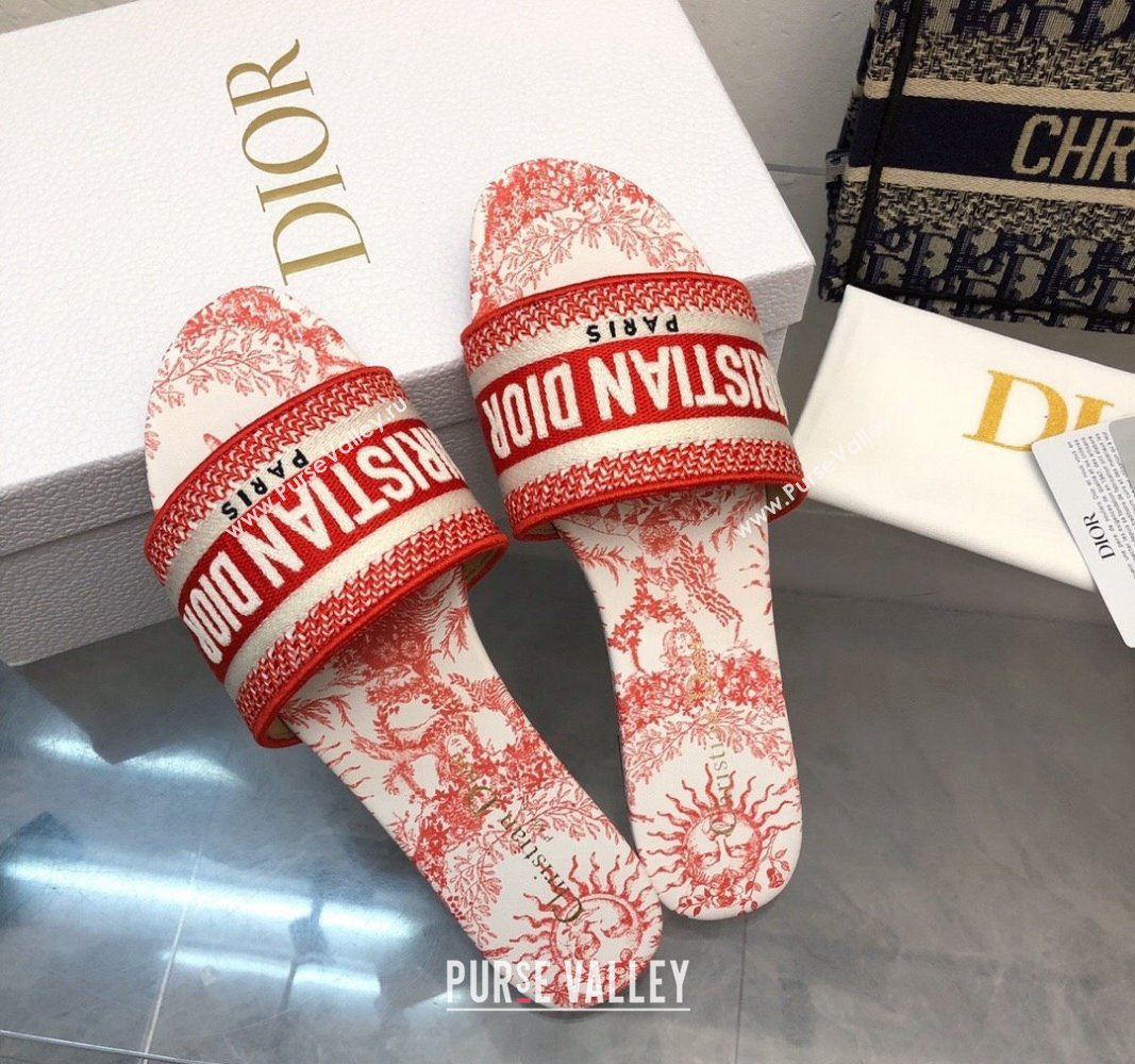 Dior Dway Flat Slide Sandals in Embroidered Cotton and Red Toile de Jouy Soleil Motif 2024 NO.81 (MD-240814027)