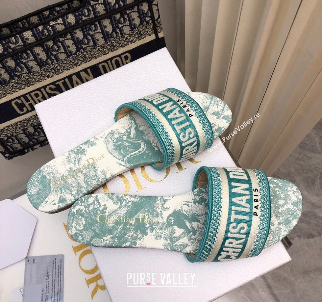 Dior Dway Flat Slides Sandal in Embroidered Cotton and Toile de Jouy Sauvage Motif Light Green 2024 No.180 (MD-240814021)