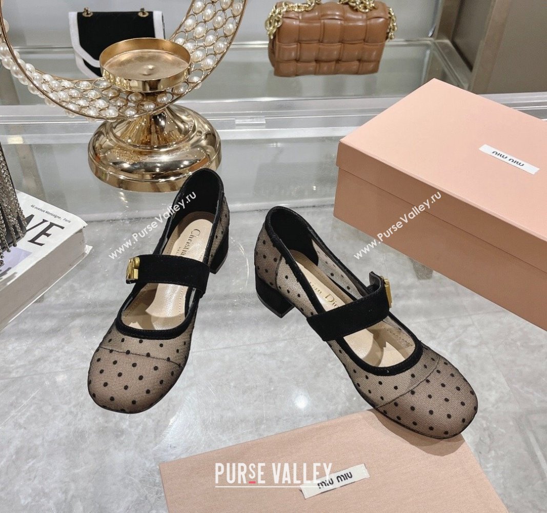 Dior Baby-D Mary Janes Pumps 4.5cm in Dotted Mesh Beige 2024 0814 (KL-240814004)