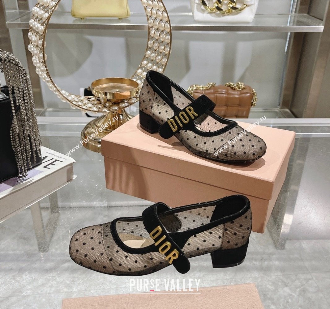 Dior Baby-D Mary Janes Pumps 4.5cm in Dotted Mesh Beige 2024 0814 (KL-240814004)