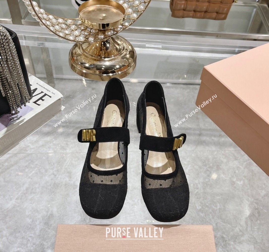 Dior Baby-D Mary Janes Pumps 4.5cm in Dotted Mesh Black 2024 0814 (KL-240814005)