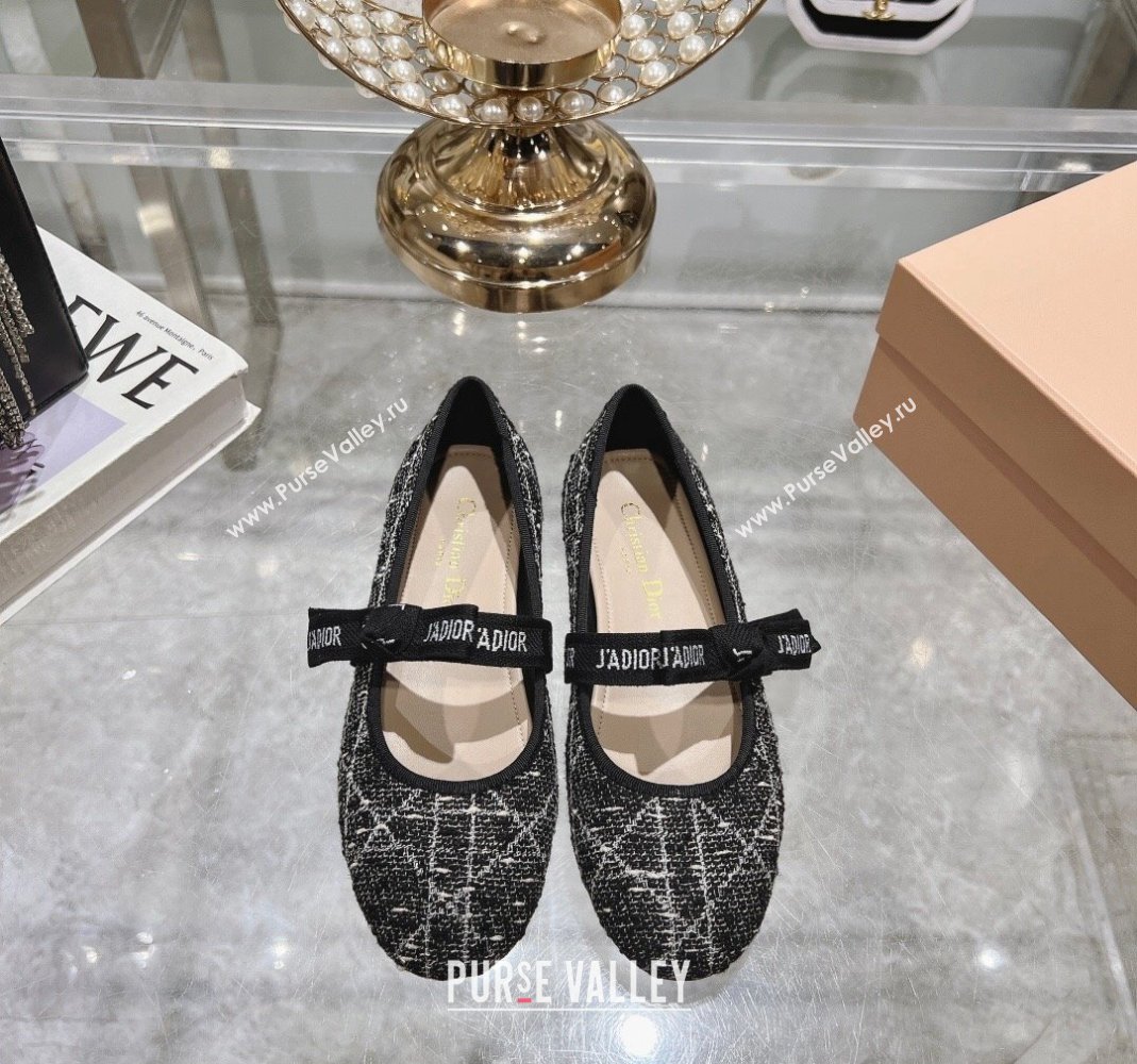 Dior Mary Janes Ballet Flats in Black and White Cannage Tweed with Bow 2024 081401 (MD-240814041)