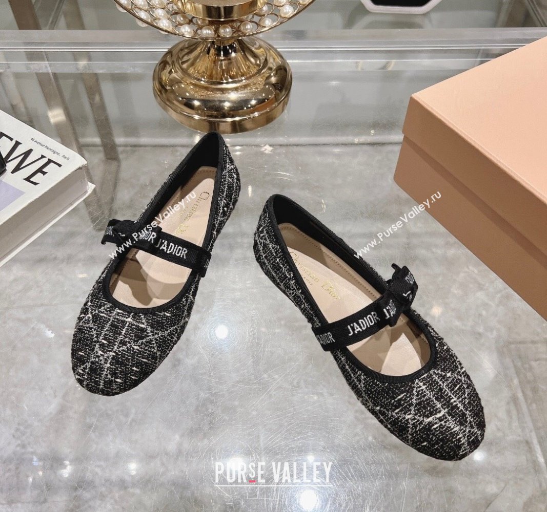 Dior Mary Janes Ballet Flats in Black and White Cannage Tweed with Bow 2024 081401 (MD-240814041)