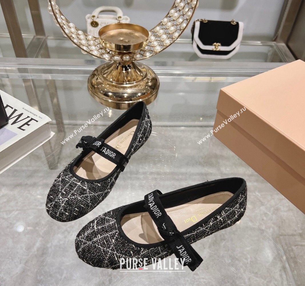 Dior Mary Janes Ballet Flats in Black and White Cannage Tweed with Bow 2024 081401 (MD-240814041)