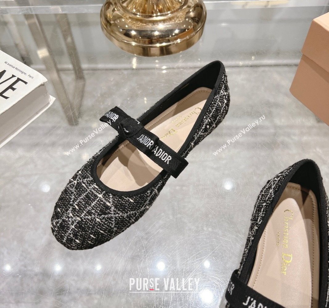 Dior Mary Janes Ballet Flats in Black and White Cannage Tweed with Bow 2024 081401 (MD-240814041)