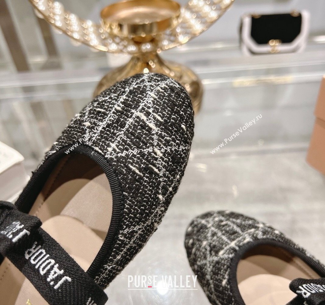 Dior Mary Janes Ballet Flats in Black and White Cannage Tweed with Bow 2024 081401 (MD-240814041)