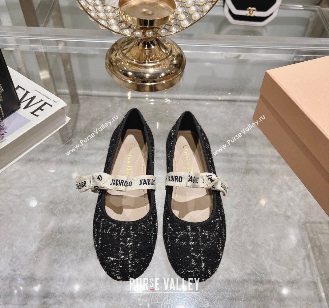 Dior Mary Janes Ballet Flats in Black and White2 Cannage Tweed with Bow 2024 0814 (MD-240814042)