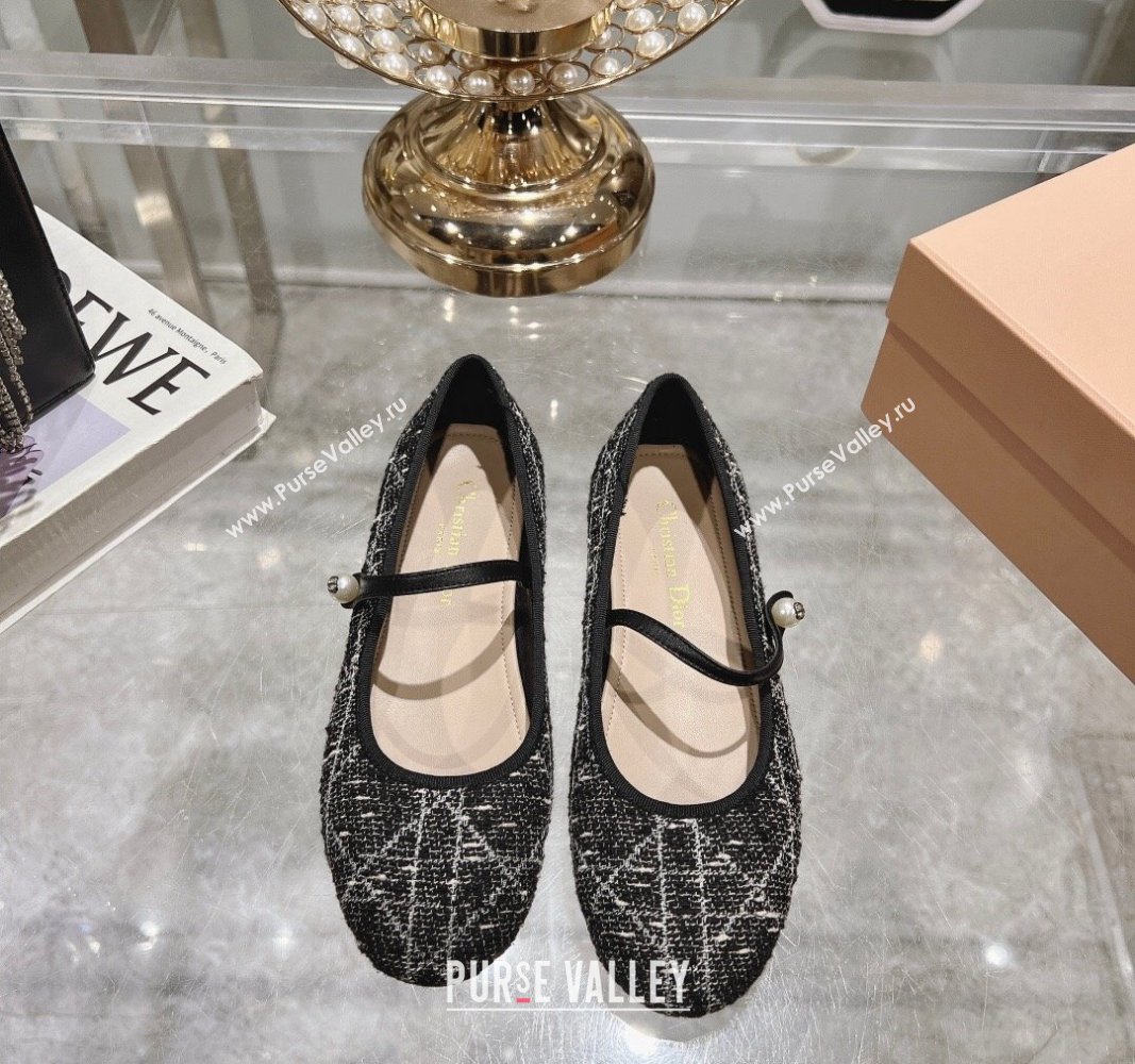 Dior Mary Janes Ballet Flats in Black and White Cannage Tweed with Pearl 2024 081401 (MD-240814043)