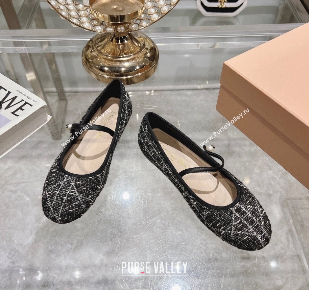 Dior Mary Janes Ballet Flats in Black and White Cannage Tweed with Pearl 2024 081401 (MD-240814043)